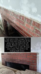 Before and after of brick fireplace cleaned with white vinegar